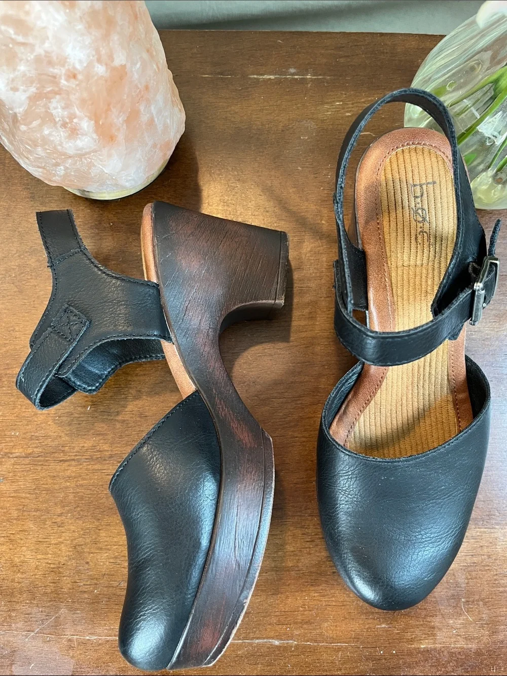 b.o.c Black Leather Closed Toe Platform Clog Heels with Ankle Strap